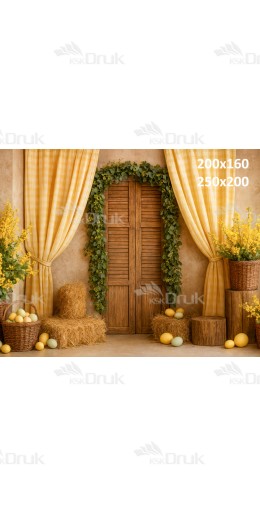 Tło fotograficzne z drewnianymi drzwiami, żółtymi zasłonami i wielkanocnymi dekoracjami | E590